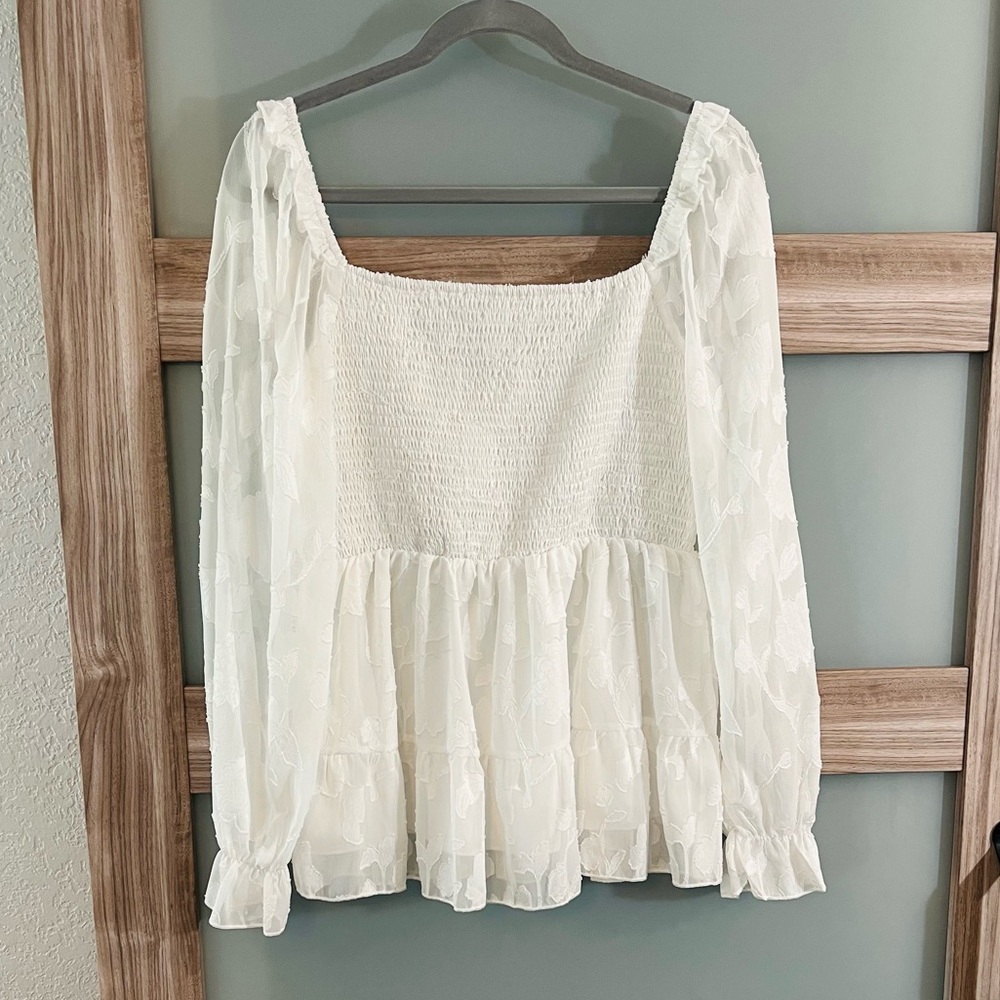 🔥5 for $25 | Anrabess | White Square Neck Smocked Babydoll 3/4 Puff Sleeve Large